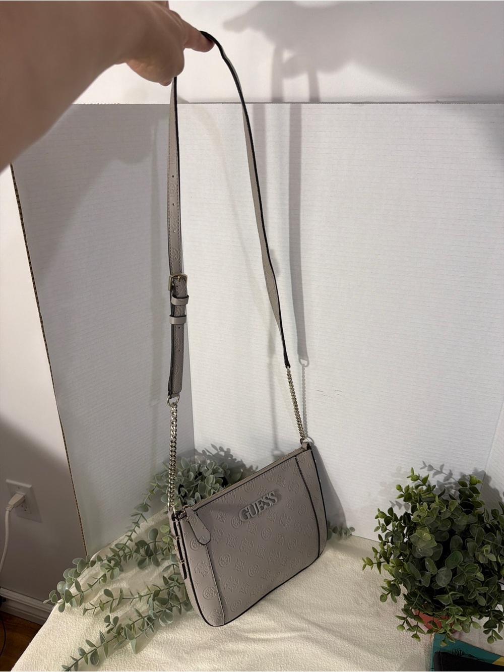 GUESS Gray Logo Embossed Crossbody Bag Chain Strap Purse